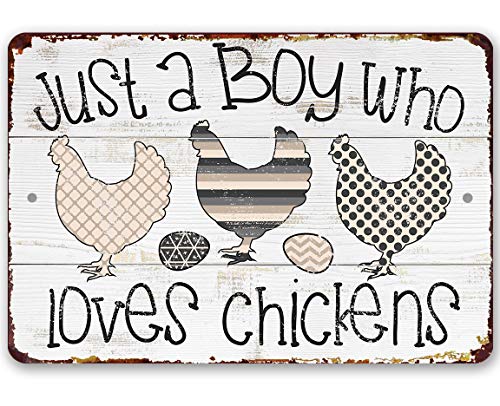 A Boy Who Loves Chickens - Funny Chicken Coop Sign - Great Pen Accessories, Hen House and Fresh Egg Decoration, Chicken Farm Sign and Farmers Gift, 12x18 Use Indoors or Outdoors Durable Metal Sign