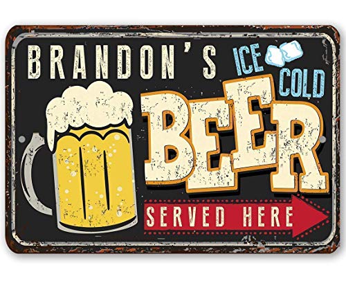 Personalized Ice Cold Beer Served Here - Classic Bar Decor and Man Cave Stuff, Snack Bar and Beer Alcohol Sign, Choose 8x12 or 12x8 Use Indoor or Outdoor Metal Tin Sign