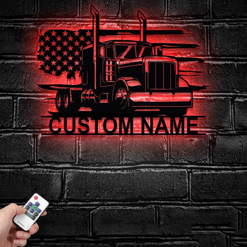 Personalized Metal Sign, Custom US Semi Truck Driver Metal Wall Art LED Light - Personalized Trucker Name Sign Home Decor - Ideal for Home Décor