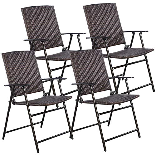 COSTWAY P 4 PCS Folding Patio Outdoor Pool Lawn Portable Wicker Armrest & Footrest Durable Rattan Steel Frame Commercial Foldable Stackable Party Wedding Chair Set (24X23X, Mix Brown