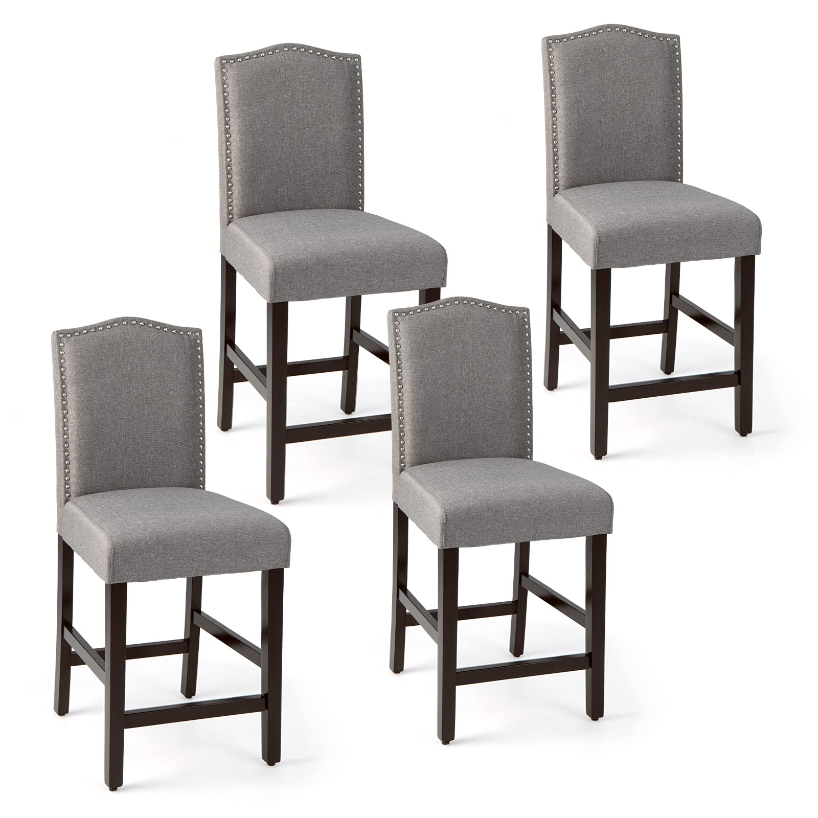 COSTWAY Bar Stools Set of 4, Linen Upholstered Counter Height Chairs with Solid Rubber Wood Legs, 25Ó Kitchen Island Wood Bar Chairs with Nail Heads Decorations, for Kitchen, Bistro, CafŽ (4, Grey)