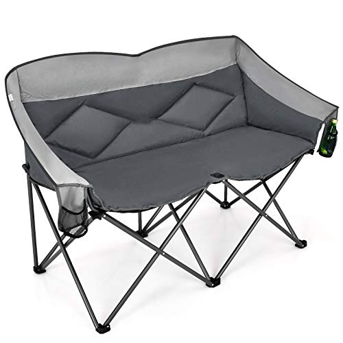 COSTWAY Folding Camping Chair Loveseat Double Seat w/Bags & Padded Backrest, Grey