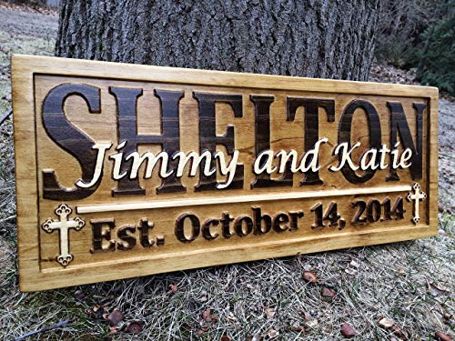 Personalized Cross Décor Family Name Signs Custom Wedding Gift Wood Carved Sign Last Name Established 3D Wood Plaque Couple 5 Year Anniversary Gift Religious Gift