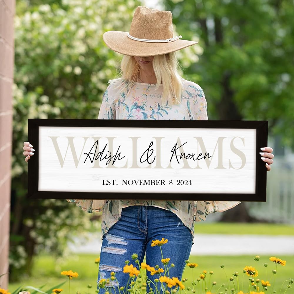 Wedding Gifts for Couples | Anniversary Gift | Engagement Gifts | Custom Wood Sign | Personalized Framed Wooden Family Name Sign for Home Decor Wall | Monogram Name Wall Decor (Black Frame, Couples)