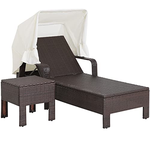 COSTWAY Outdoor Patio Rattan Lounge Chair and Table Set with Folding Canopy and Armrests, Chaise Reclining Chair with 6-Level Adjustable Backrest