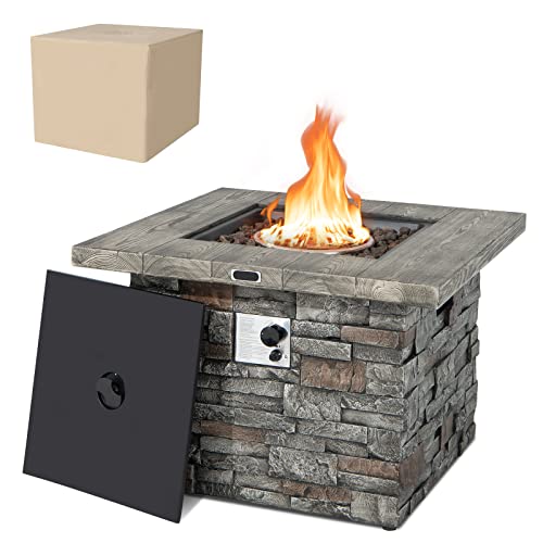 COSTWAY 34.5" Propane Gas Fire Pit Table, 2-in-1 Outdoor Square Fire Table W/Volcanic Rock & PVC Cover, Stainless Steel Burner, 50,000 BTU Heat Output, Faux Stone Surface for Backyard, Poolside