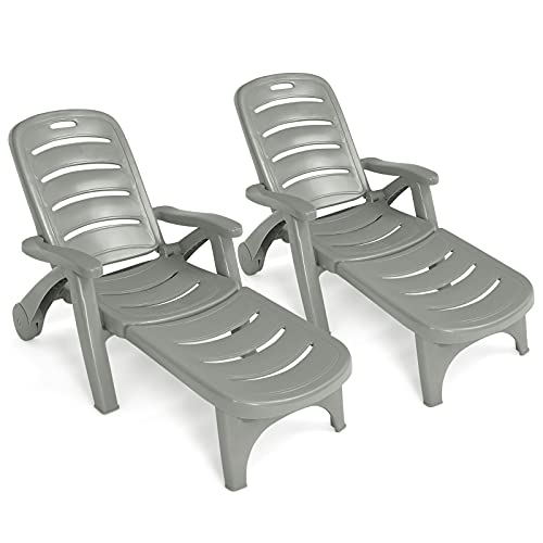 COSTWAY 2 PCS Folding Chaise Lounge Chair 5-Position Adjustable Recliner Grey