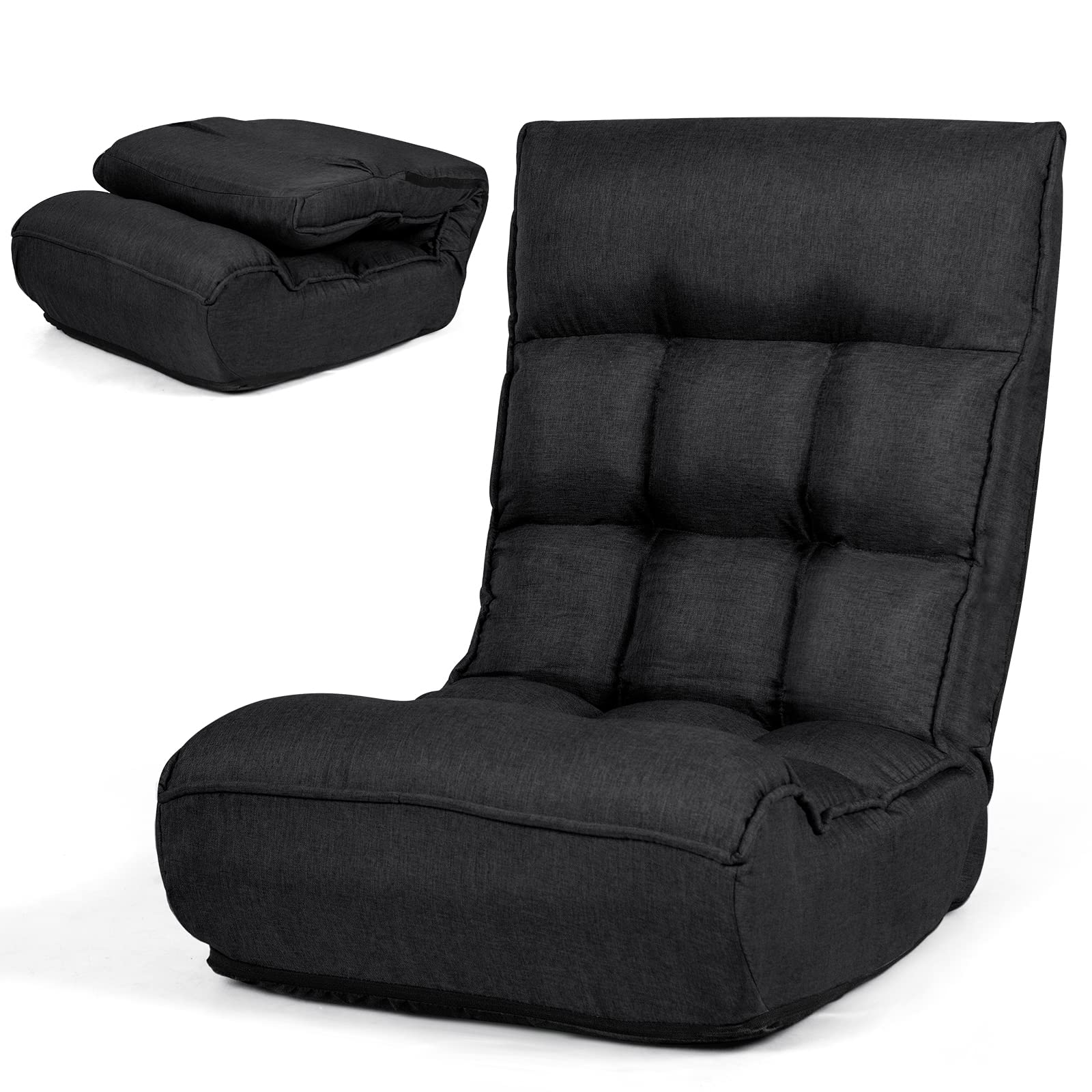 COSTWAY Folding Floor Lounge Chair, Floor Gaming Chair with 5-Position Adjustable Head & 4-Position Adjustable Backrest, Indoor Lazy Sofa Recliner for Bedroom, Living Room (Black)