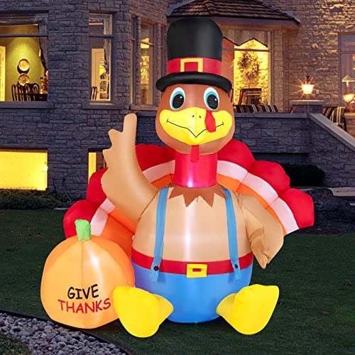 COSTWAY 6 FT Thanksgiving Inflatable Turkey with Pumpkin Fall Harvest Decor W/Lights