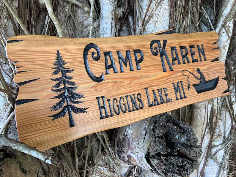 Very Wood Basement - Outdoor Camp & Custom Wood Sign - Pine Trees Wooden Carved Cabin - High-Quality Handmade Mountain Home - Rustic Home Personalized Sign (Rectangular Shaped Fisherman and Trees)