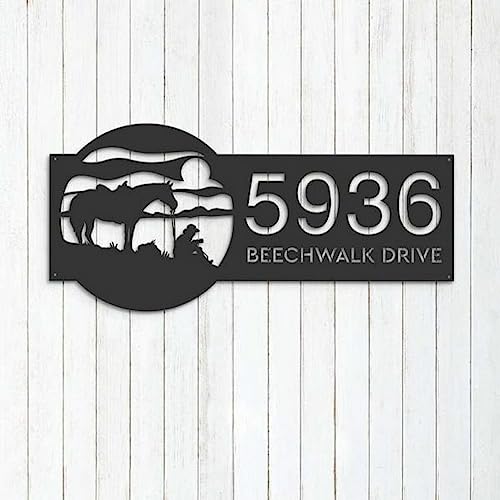 Personalized Western Cowboy Address Sign House Number Plaque Metal Wall Art 8x8 inches Black Power Coated Home Outdoor Decor Housewarming Gifts