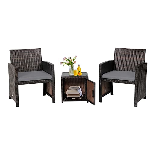 COSTWAY 3PCS Patio Wicker Furniture Set Storage Table W/Protect Cover Gray