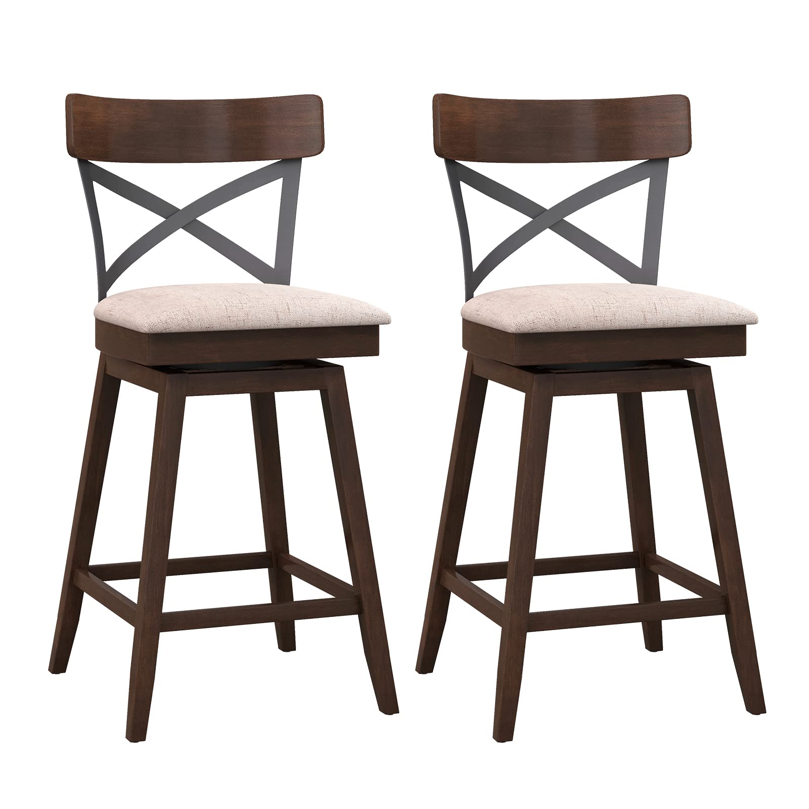 COSTWAY Bar Stool Set of 2, 25 Inch Swivel Ergonomic Counter Height Chairs with Cushioned Seat, Open X Back & Footrest, 2 PCS Wooden Barstools for Kitchen Island, Pub, Bistro, CafŽ, Brown(2, 25 inch)