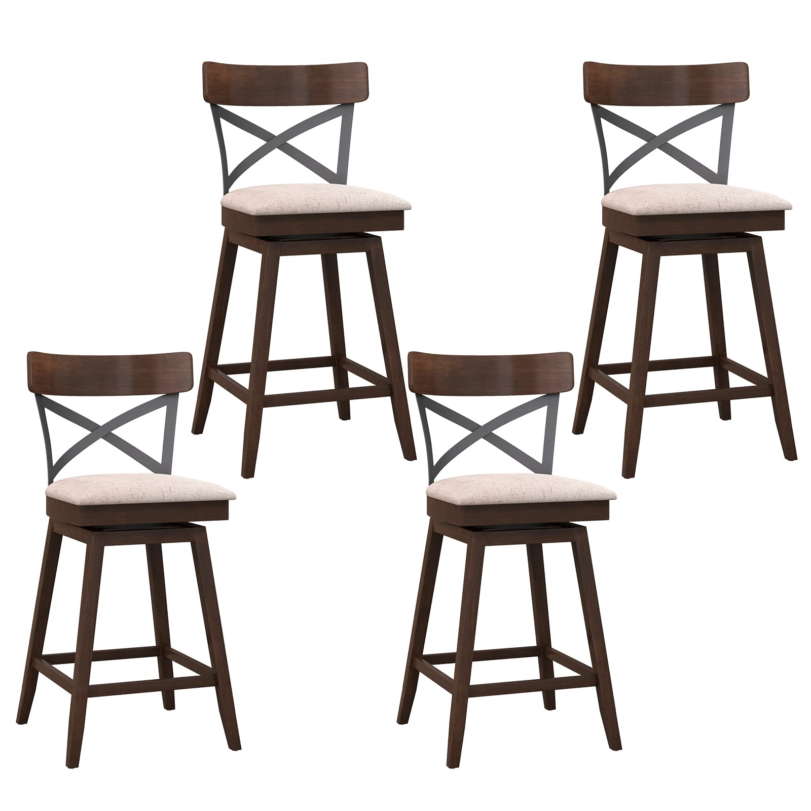 COSTWAY Bar Stool Set of 4, 25 Inch Swivel Ergonomic Counter Height Chairs with Cushioned Seat, Open X Back & Footrest, 4 PCS Wooden Barstools for Kitchen Island, Pub, Bistro, CafŽ, Brown (4, 25 inch)