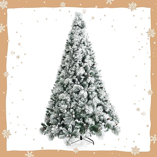 COSTWAY 8ft Snow Flocked Christmas Tree Glitter Tips w/Pine Cone & Red Berries