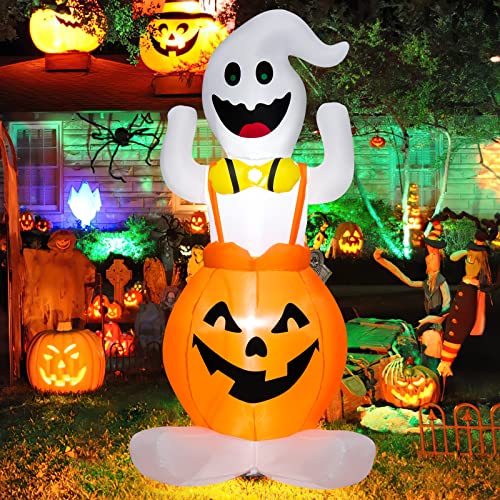 COSTWAY 5 FT Inflatable Halloween Pumpkin Ghost Blow-up Yard Decoration with LED Lights