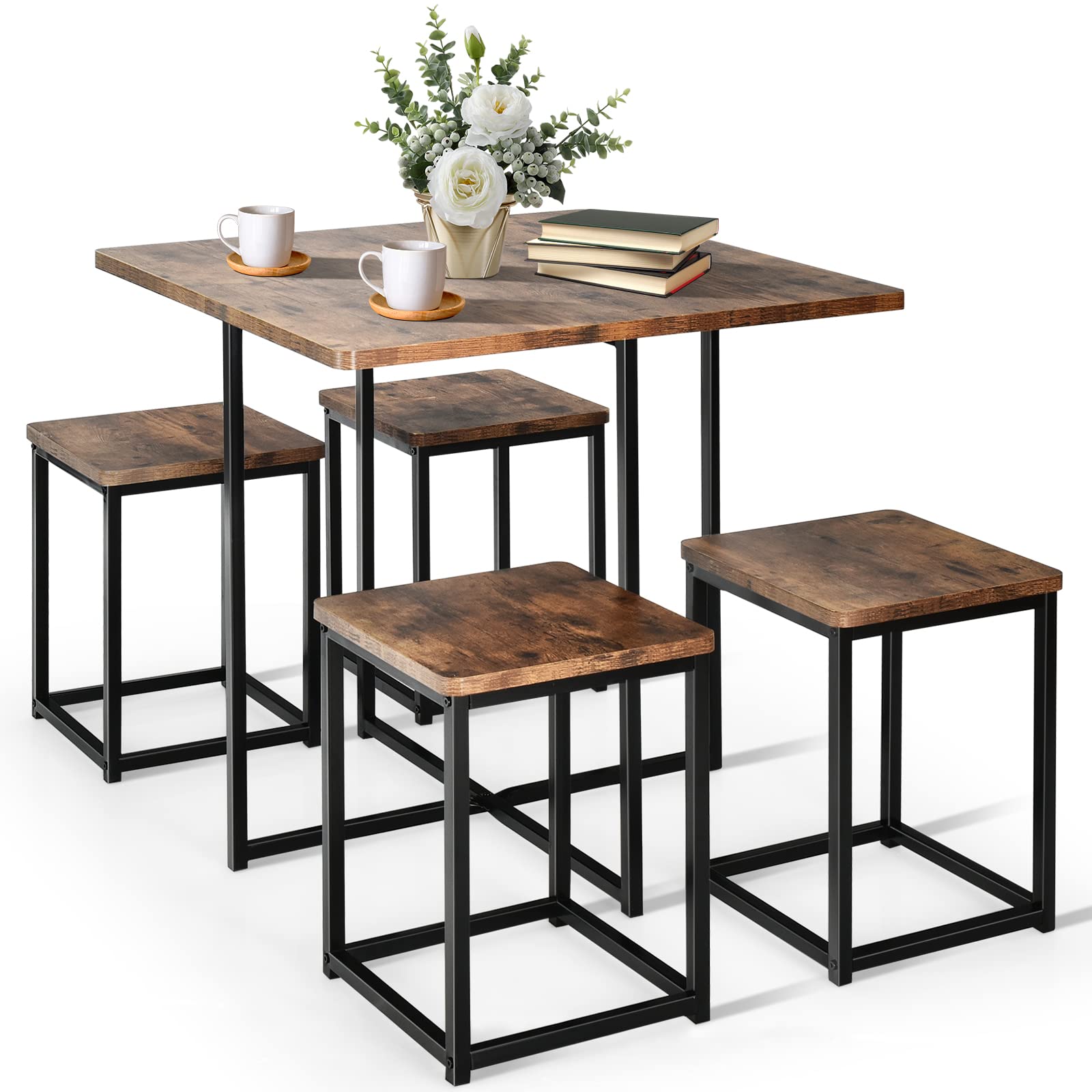 COSTWAY 5 Piece Dining Table Set, Counter Kitchen Table and Chair Set for 4 Includes 1 Square Table and 4 Stools, Space-Saving Pub Dining Set for Living Room, Breakfast Nook, Coffee Shop (Brown)