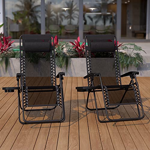 Flash Furniture Celestial Adjustable Folding Mesh Zero Gravity Reclining Lounge Chair with Pillow and Cup Holder Tray in Black, Set of 2