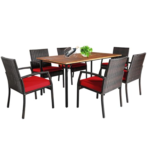 COSTWAY 7PCS Patio Rattan Dining Chair Table Set W/Cushion Umbrella Hole Red