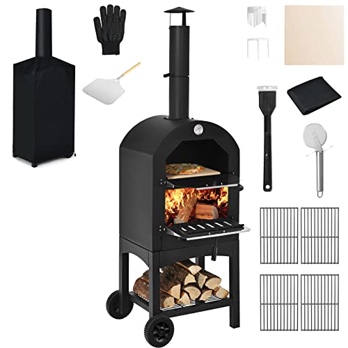 COSTWAY Outdoor Pizza Oven, Wood Fired Pizza Oven for Outside, Patio Pizza Grill with Pizza Stone, Pizza Peel, and Waterproof Cover for Backyard Camping