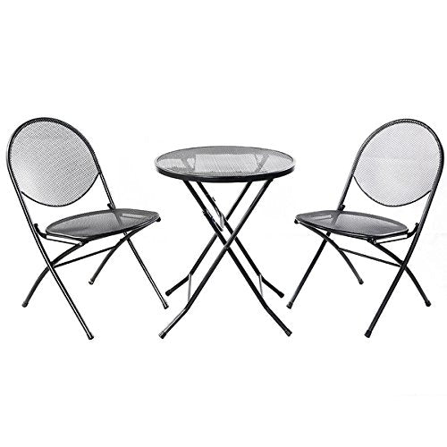 COSTWAY 3 PCS Folding Steel Mesh Outdoor Patio Table Chair Garden Backyard Furniture Set