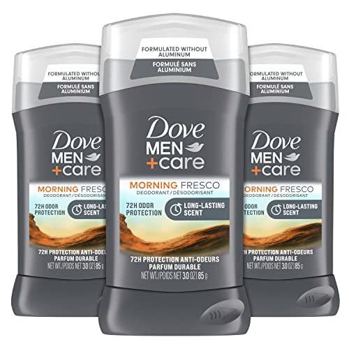 DOVE MEN + CARE Deodorant Stick For Men Morning Fresco 3 Count Aluminum Free 72-Hour Odor Protection Mens Deodorant With Essential Oils & 1/4 Moisturizing Cream 3oz