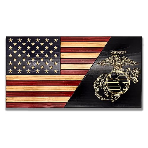 USMC Wooden Flag - Eagle Globe Anchor (Licensed) - Marine Corps, Patriotic Charred American Flag (Medium)