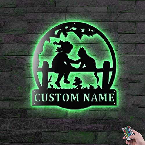 Custom Baby And Cat Led Lights Metal Wall Art, Personalized Baby Name Decoration Hanging for Home, Baby Kids Room, Great Gift for Kitty Lovers (With Lights, 24x24 Inches)