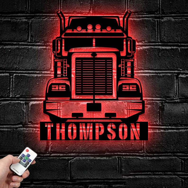 Personalized Metal Sign, Custom US Semi Truck Driver Metal Wall Art LED Light - Personalized Trucker Name Sign Home Decor - Ideal for Home Decor & Gift