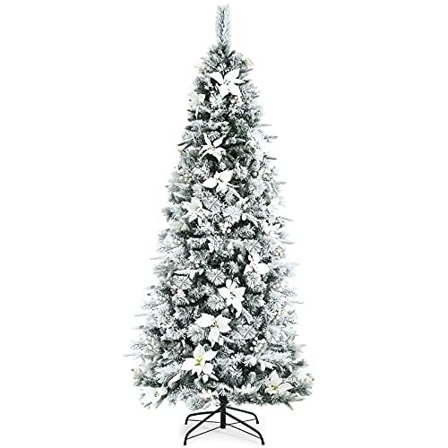 COSTWAY 7ft Snow Flocked Christmas Pencil Tree w/Berries & Poinsettia Flowers