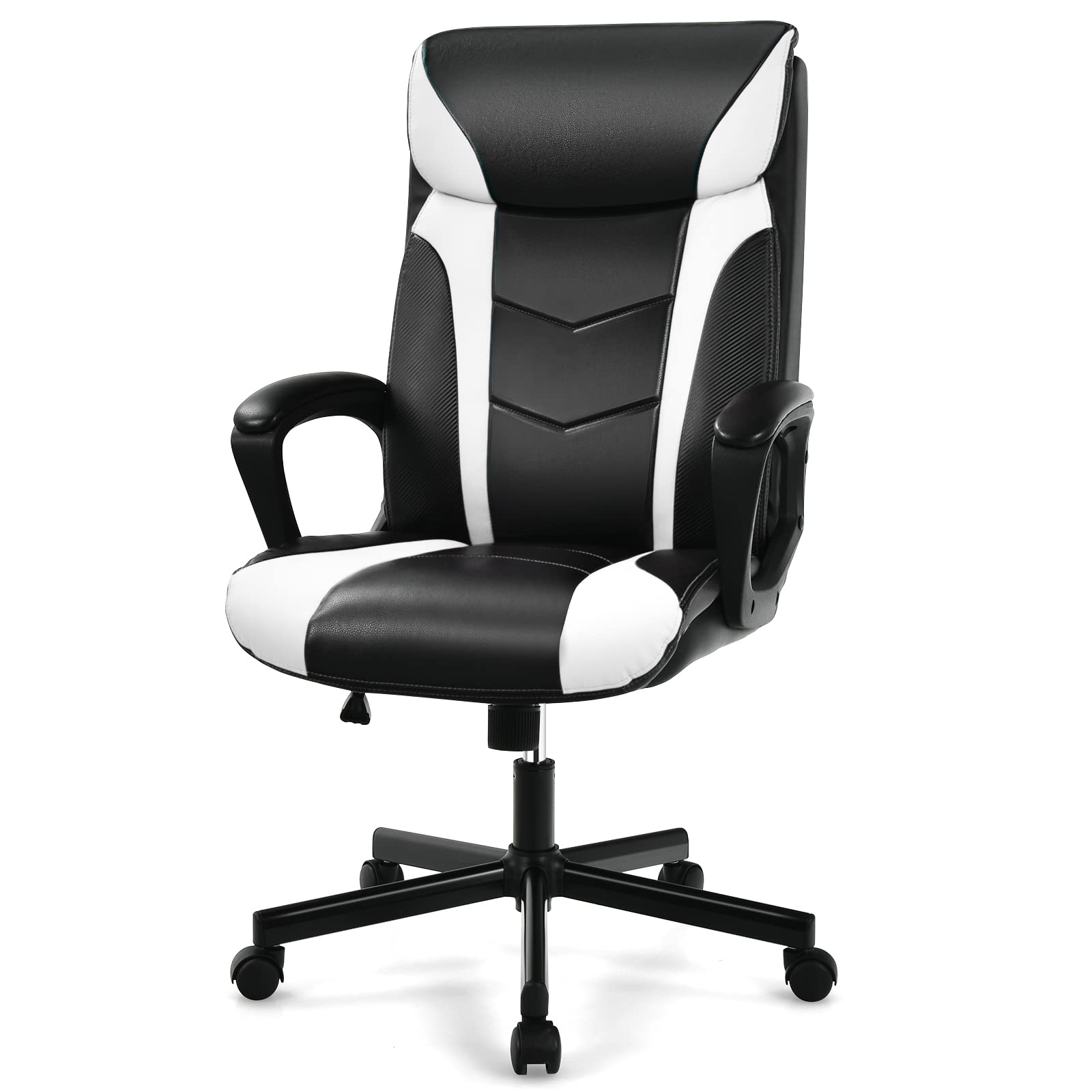 COSTWAY PU Leather Office Chair, Racing Style High Back Swivel Chair with Height Adjustable, Padded Headrest and Armrests, Ergonomic Computer Desk Executive Chair for Working Studying Gaming (White)