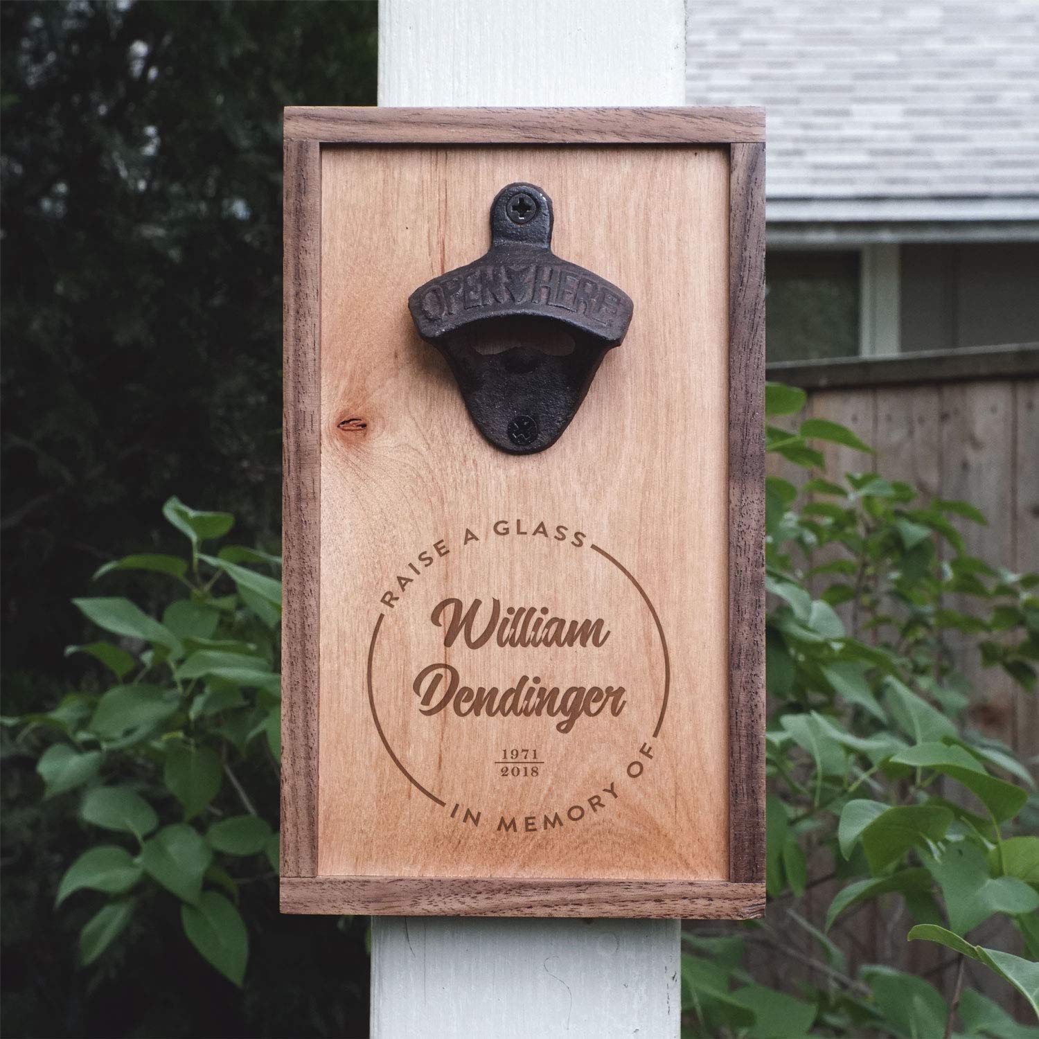 Personalized"Raise a Glass in Memory" Sympathy Gift Wall Mounted Bottle Opener Made in USA from Solid Walnut & Alder with Custom In Loving Memory Inscription