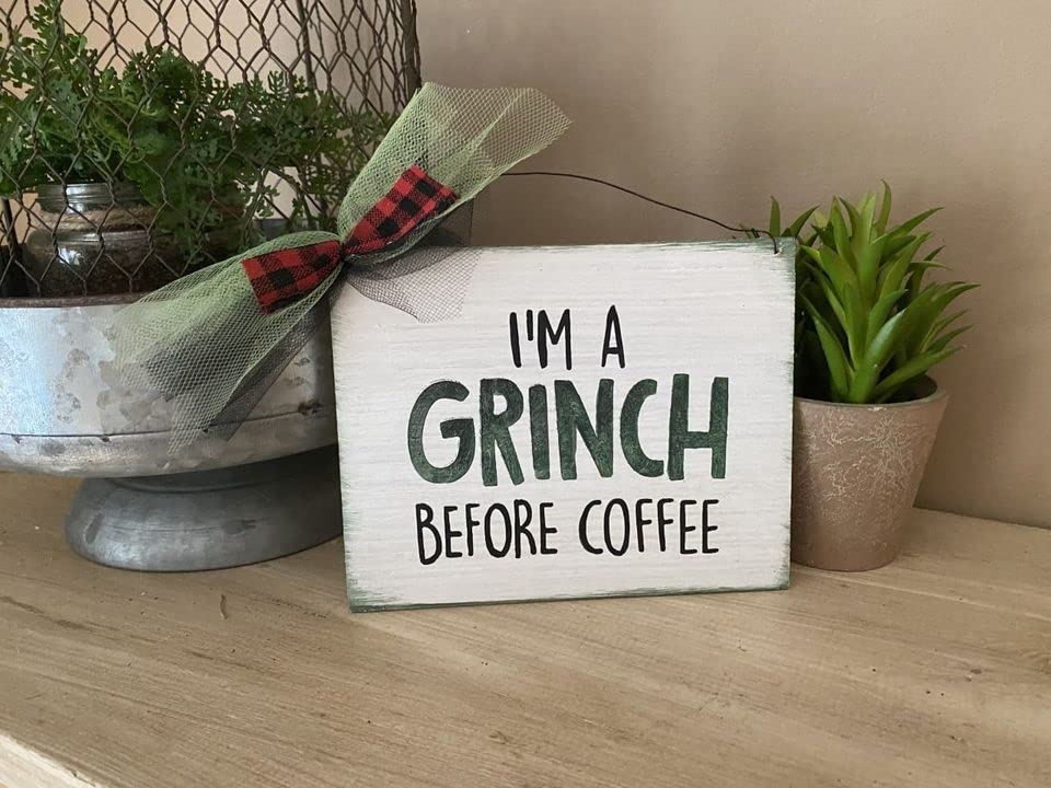 White I'm a Grinch Before Coffee tiered tray Decorations Winter Holiday Seasonal Kitchen Gift Bag Decor Wooden Painted Hanging Wall Or Wreath Sign