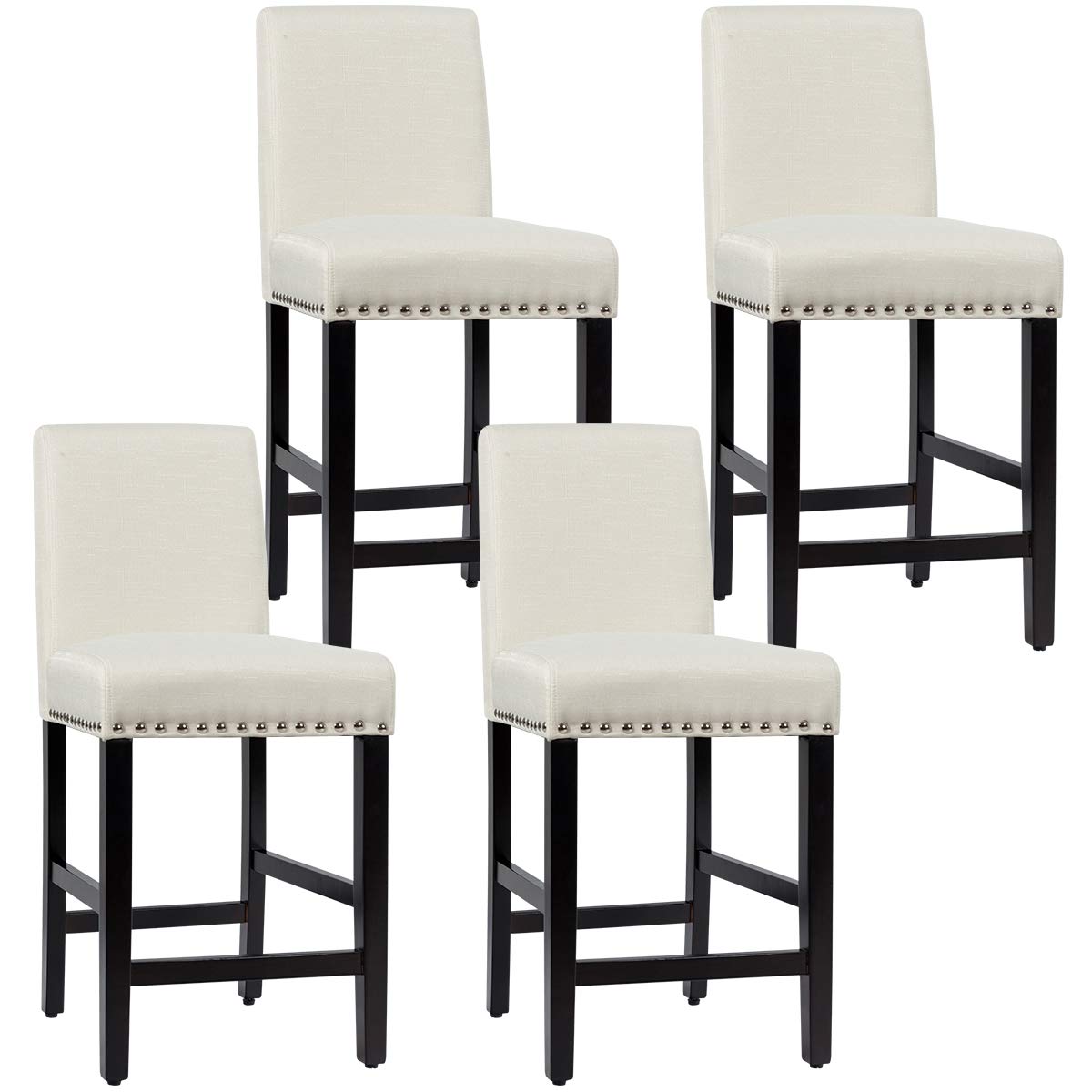 COSTWAY Bar Stools Set of 4, Upholstered Counter Stools w/Rubber Wood Legs, Breathable Linen Fabric, High Resilience Sponge, Comfortable Backrest, Padded Seat, for Kitchen Dining Room (Beige, 4)