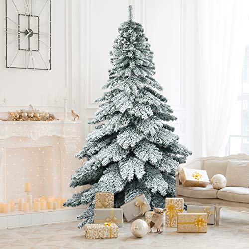 COSTWAY 7.5 ft Premium Hinged Artificial Christmas Tree Snowy Pine Needles