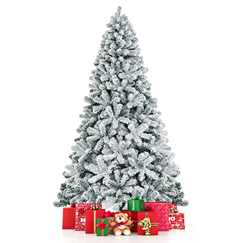 COSTWAY 7.5 Ft Artificial Christmas, Premium PVC Xmas Full, Flocked Snow Pine Tree with Solid Metal Stand, Ideal for Indoor and Outdoor