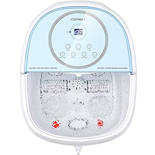 COSTWAY Foot Spa Bath Massager, with Angle-Adjustable Shower, Electric Massager, Timer, Digital Temperature Control, Red Lights, Motorized Foot Bath Tub to Relieve Fatigue Stress (Blue)