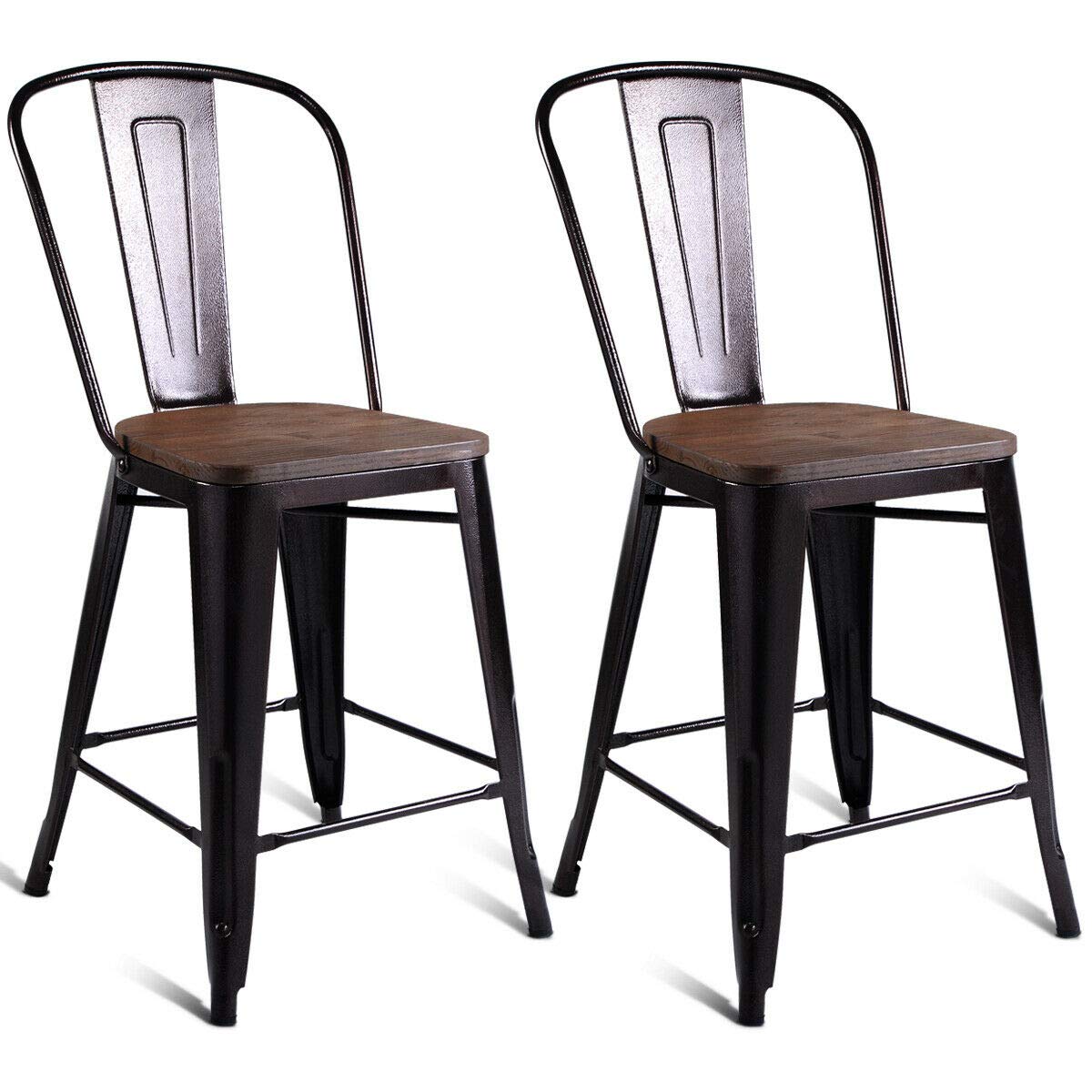 COSTWAY Metal Bar Stool Set of 2, 24 Inch Patio Chairs with Wood Seat, Removable Back,Industrial Stackable Counter Stool, Cafe Side Chairs for Kitchen, Dining Rooms, and Side Bar