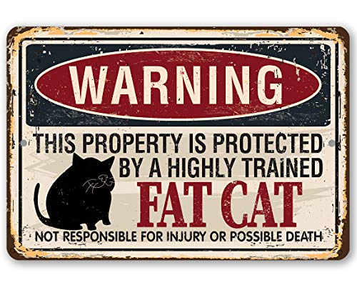 Warning Property Protected By A Fat Cat - Unique Front Door and Fence Decor, Cute Cat Warning Signs, Housewarming and Cat Lovers Gift, 12x18 Use Indoors or Outdoors Durable Metal Sign