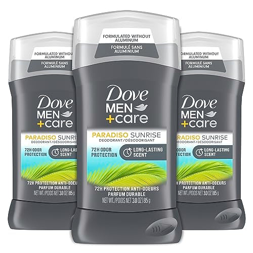 DOVE MEN + CARE Deodorant Stick for Men Aluminum Free 72-Hour Odor Protection Paradiso Sunrise 3 Count Mens Deodorant with Essential Oils & 1/4 Moisturizing Cream 3 oz