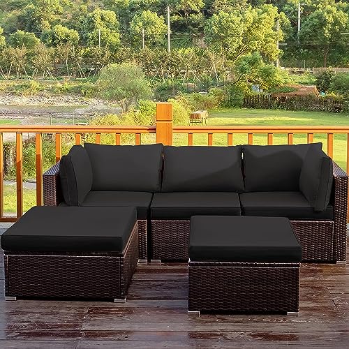 COSTWAY 5PCS Patio Rattan Furniture Set Sectional Conversation Set Ottoman Black