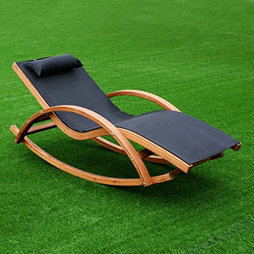 Costway Outdoor Rocking Lounge Chair Larch Wood Beach Yard Patio Lounger W/ Headrest