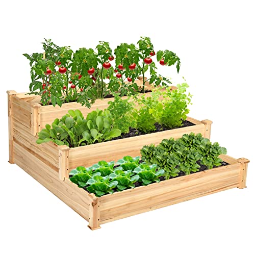 COSTWAY 3-Tier Raised Garden Bed, Wooden Elevated Planter Box for Vegetables Flowers Herbs Fruits, Outdoor Growing Planter Box Stand for Garden, Backyard, Patio, Balcony