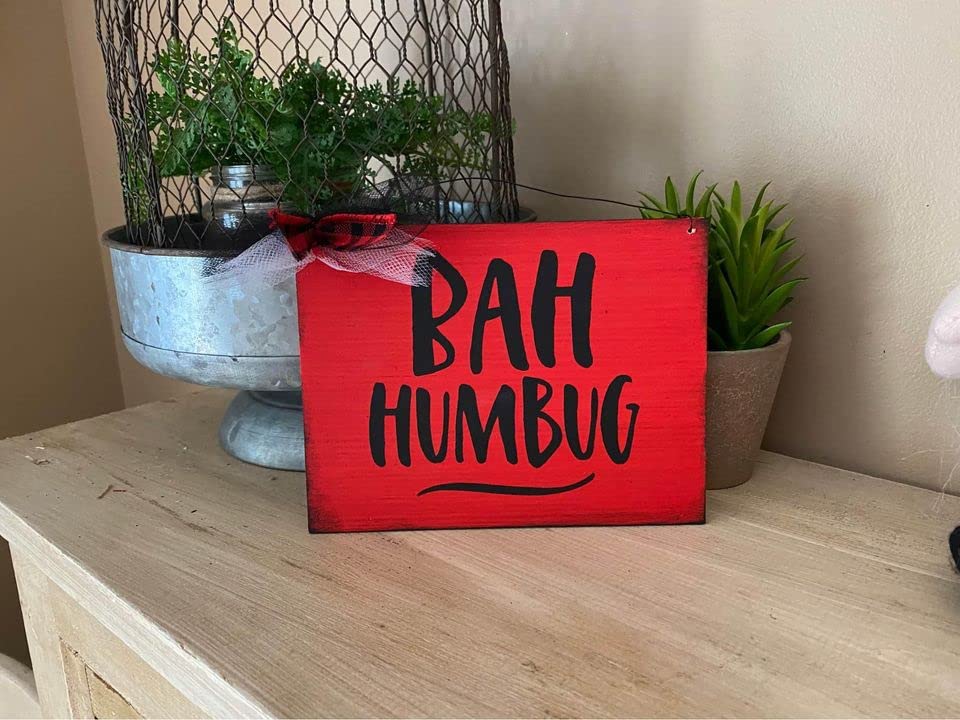 Red Bah Humbug Scrooge Inspired tiered tray Decorations Winter Holiday Seasonal Kitchen Gift Bag Decor Wooden Painted Hanging Wall Or Wreath Sign