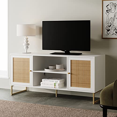 Nathan James Mina Modern TV Stand, Entertainment Cabinet, Console with a Natural Rattan Storage Doors, Finish Brass Accents for Living Media Room, Matte White/Gold