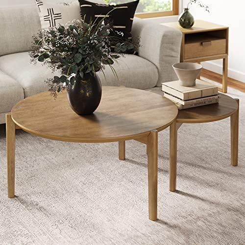 Nathan James Kendall Round Modern Nesting Coffee Set of 2, Stacking Living Room Accent Tables, Light Brown