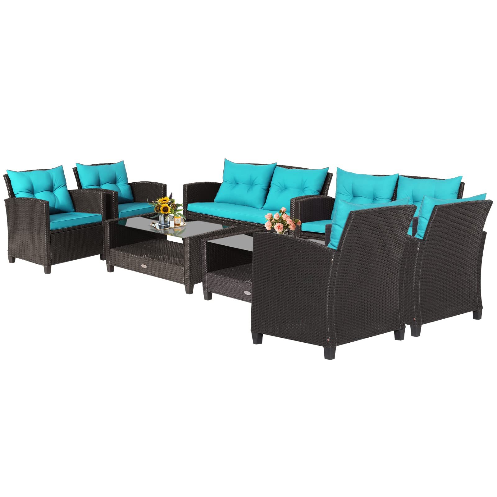 COSTWAY 8 PCS Patio Rattan Furniture Set Glass Table Shelf Sofa Cushion Turquoise