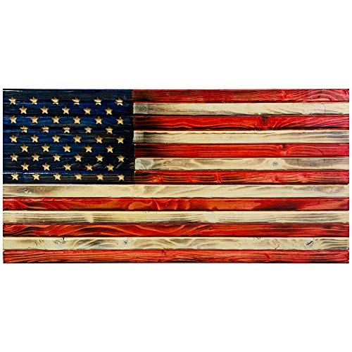 Handmade American Wooden Flag Made In USA Made of Natural Wood Indoor And Outdoor Use Hand Torched Patriotic Wall Art (50 Star American Flag, Red, White & Blue)