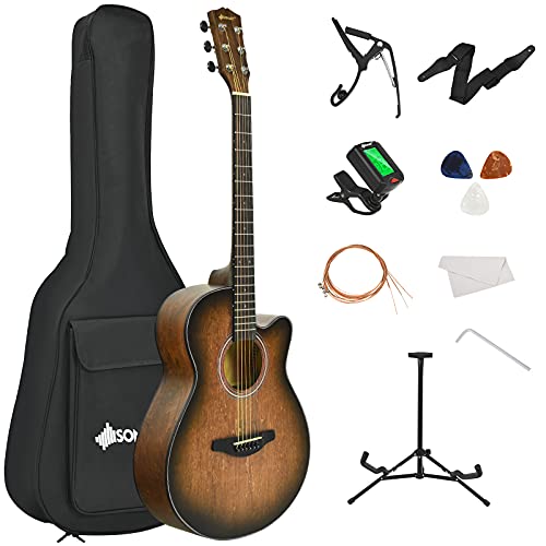 COSTWAY 40" Full Size Acoustic Guitar Kit, 6 String Cutaway Folk Guitarra Bundle with Gig Bag, Tuner, Picks, Strap, Extra Strings, Truss Rod, Capo, Stand, Clean Cloth, for Beginner (Coffee)