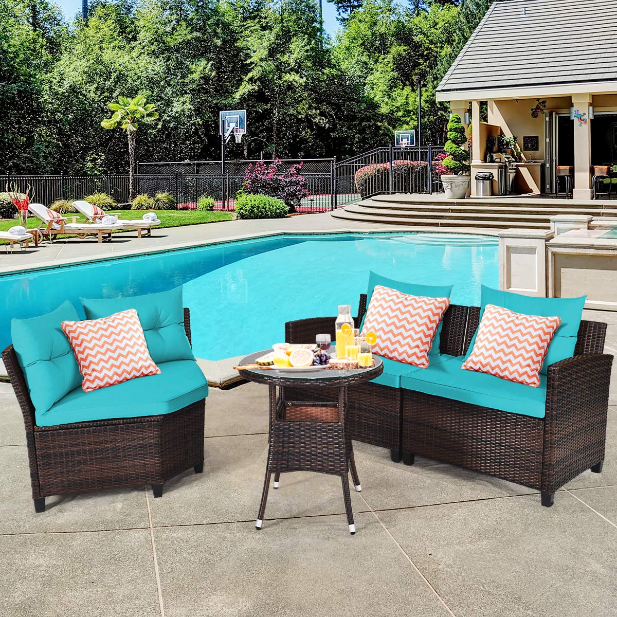 COSTWAY 4PCS Outdoor Patio Rattan Furniture Set Cushioned Sofa Table Turquoise